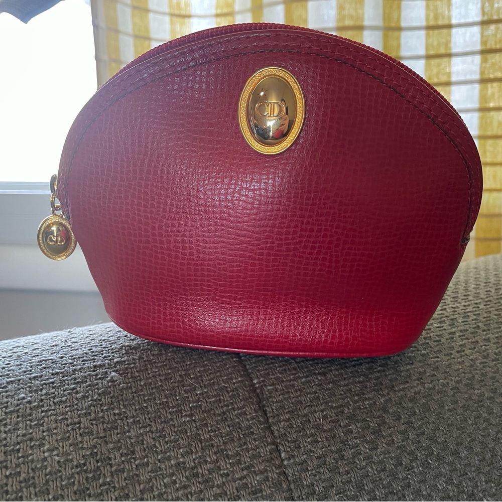 Christian Dior Red Leather Cosmetic Pouch with Gold Accent